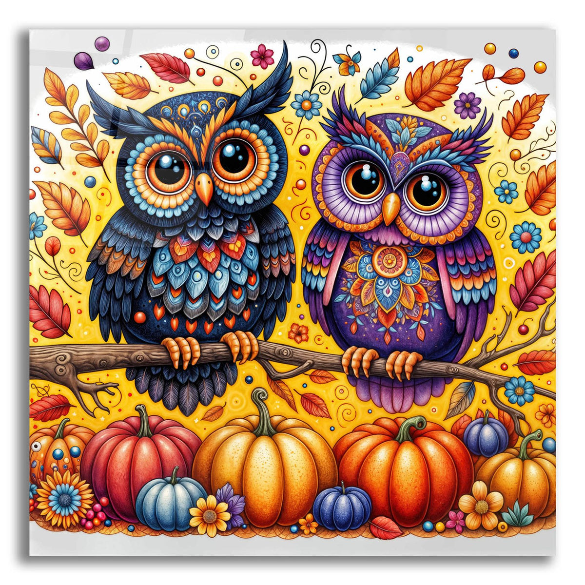 Two Owls Fall Theme 2 by Rey Klimt acrylic glass wall art