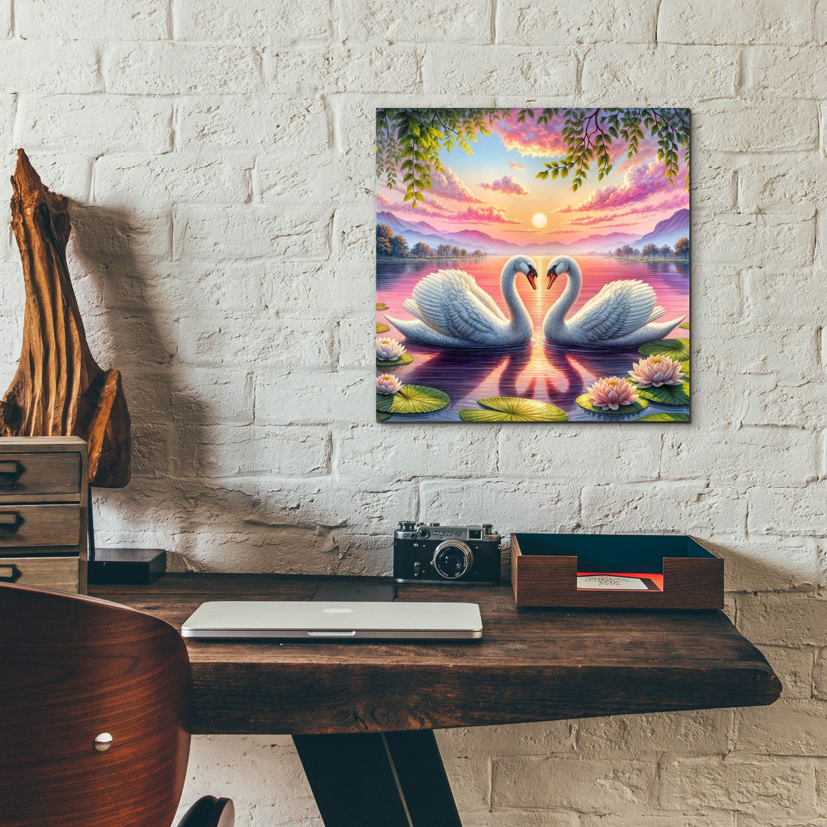 Two White Swans Love by Rey Klimt - 12x12 acrylic wall art in a room