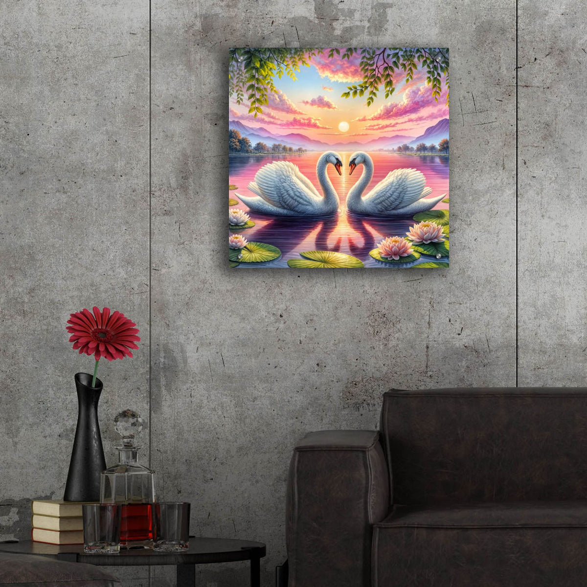 Two White Swans Love by Rey Klimt - 24x24 acrylic wall art in a room