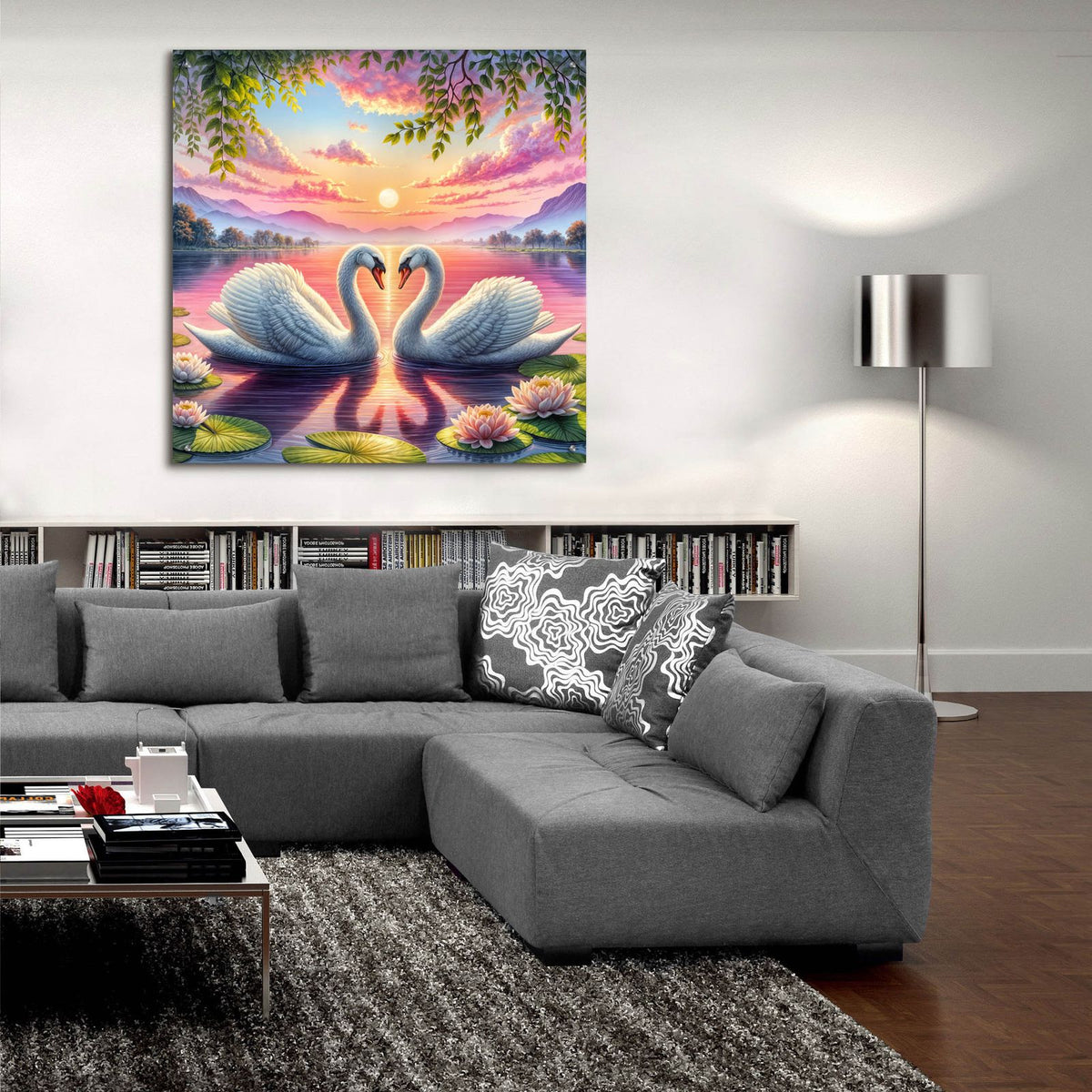 Two White Swans Love by Rey Klimt - 36x36 acrylic wall art in a room