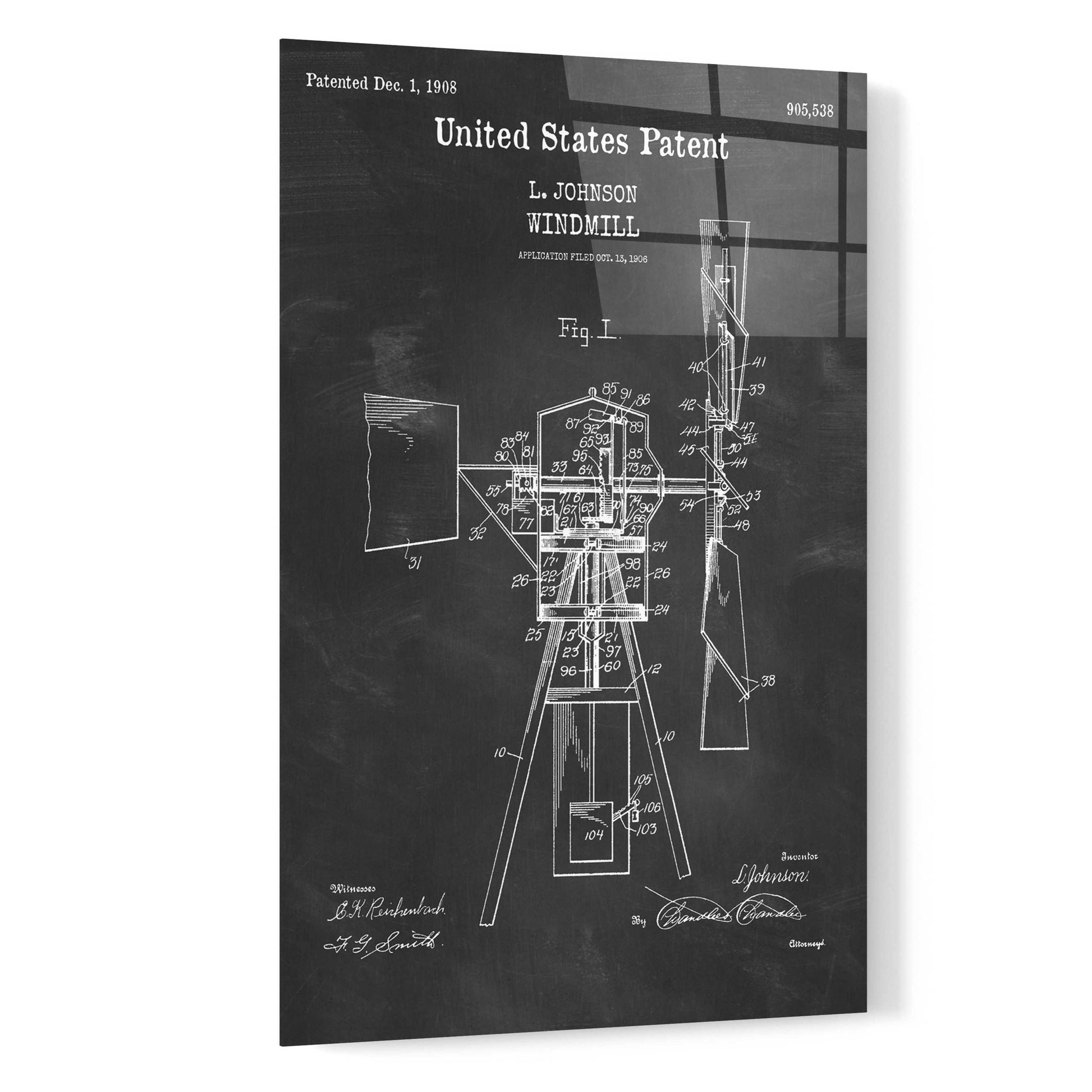 Epic Art 'Windmill Blueprint Patent Chalkboard,' Acrylic Glass Wall Art,16x24