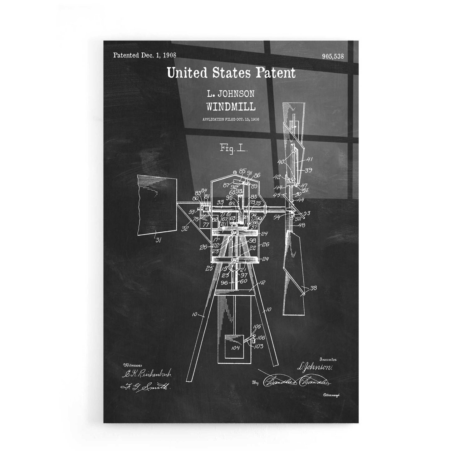 Epic Art 'Windmill Blueprint Patent Chalkboard,' Acrylic Glass Wall Art,16x24