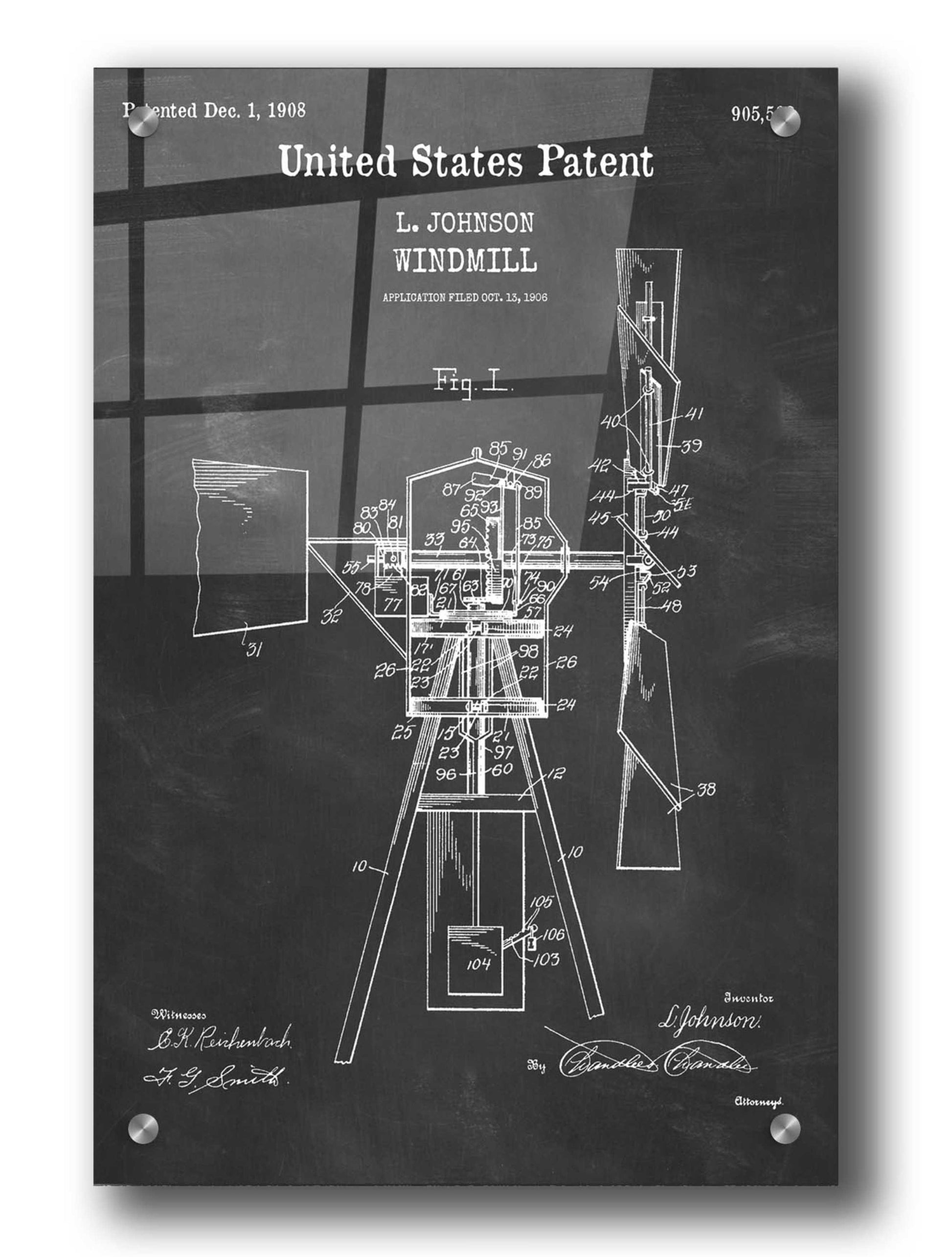 Epic Art 'Windmill Blueprint Patent Chalkboard,' Acrylic Glass Wall Art,24x36