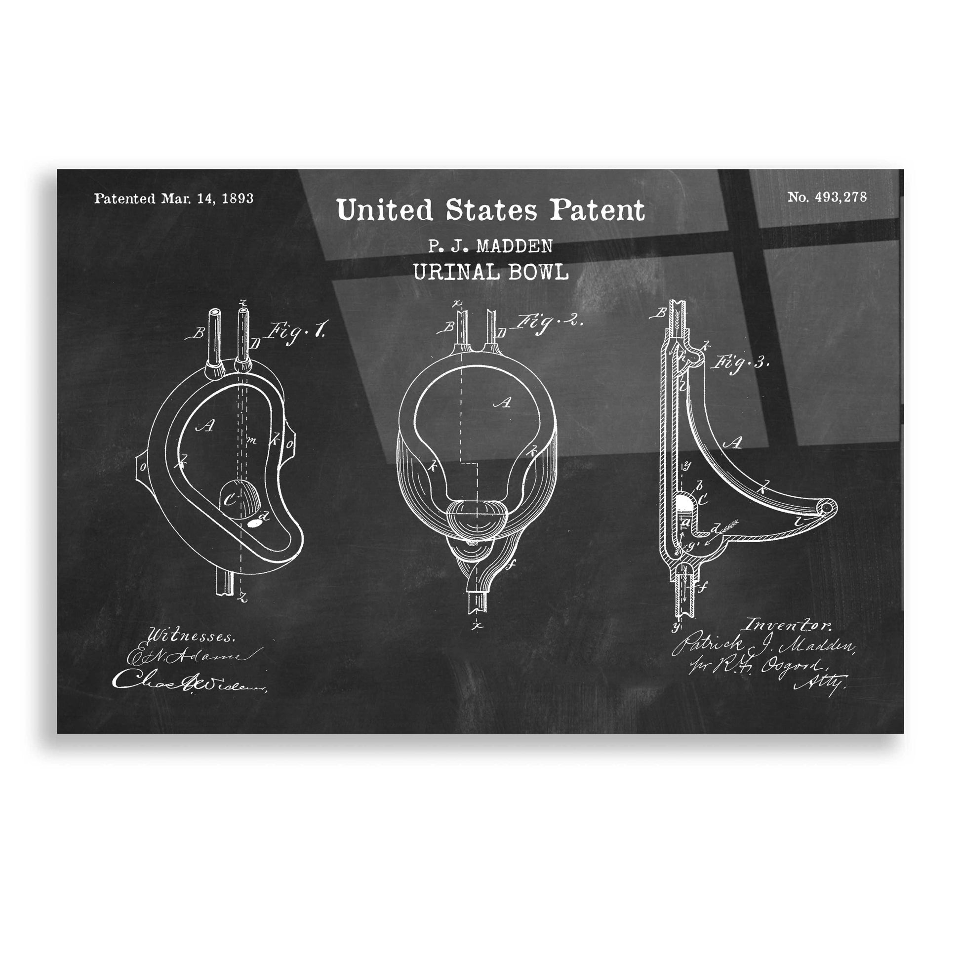 Epic Art 'Urinal Blueprint Patent Chalkboard,' Acrylic Glass Wall Art,16x12