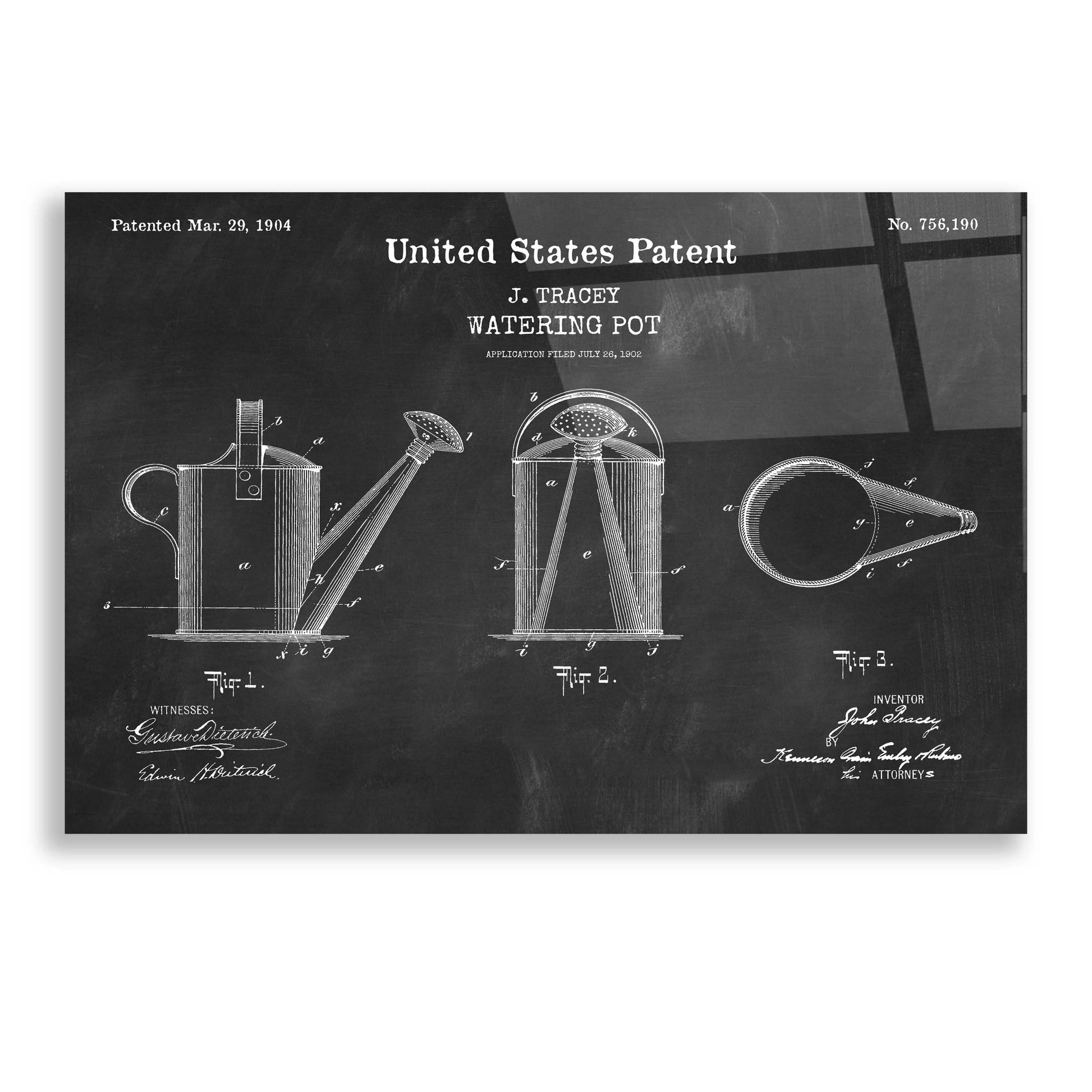 Epic Art 'Watering Can Blueprint Patent Chalkboard,' Acrylic Glass Wall Art,24x16