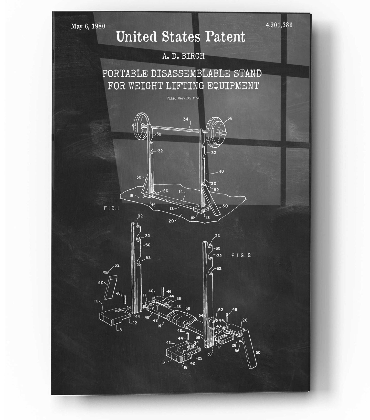 Epic Art 'Weight Lifting Equipment Blueprint Patent Chalkboard,' Acrylic Glass Wall Art,12x16
