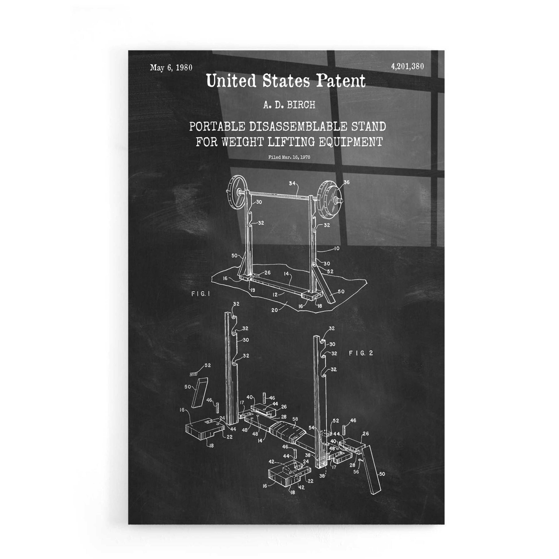 Epic Art 'Weight Lifting Equipment Blueprint Patent Chalkboard,' Acrylic Glass Wall Art,16x24