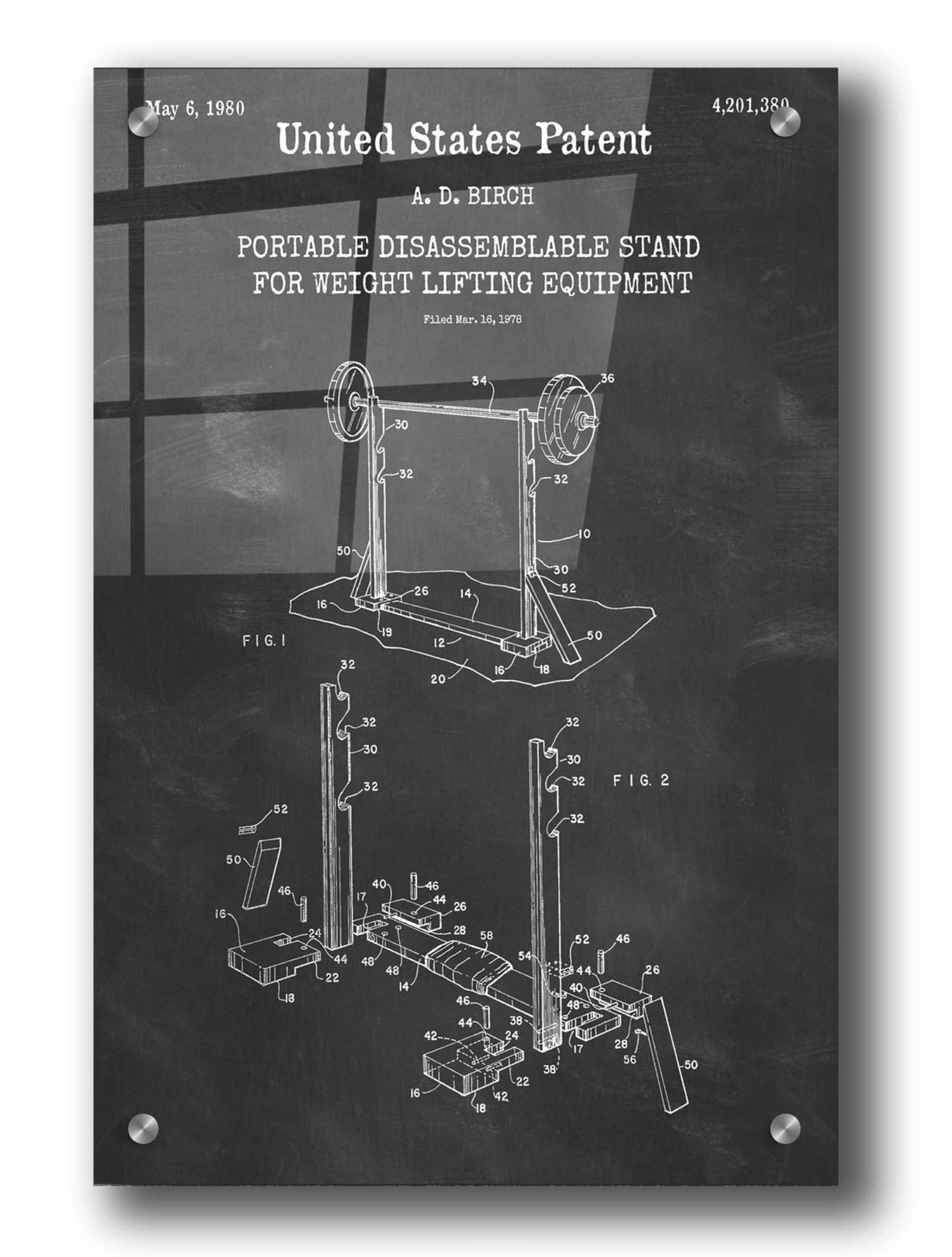 Epic Art 'Weight Lifting Equipment Blueprint Patent Chalkboard,' Acrylic Glass Wall Art,24x36