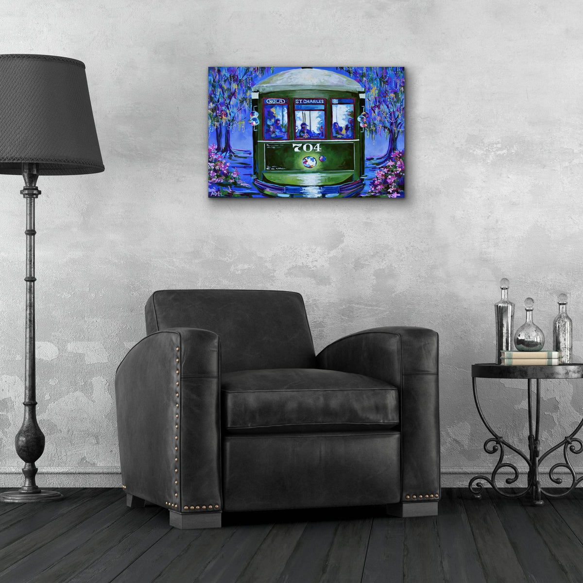 New Orleans Mardi Gras Trolley by ADEL - 24x16 acrylic wall art in a room