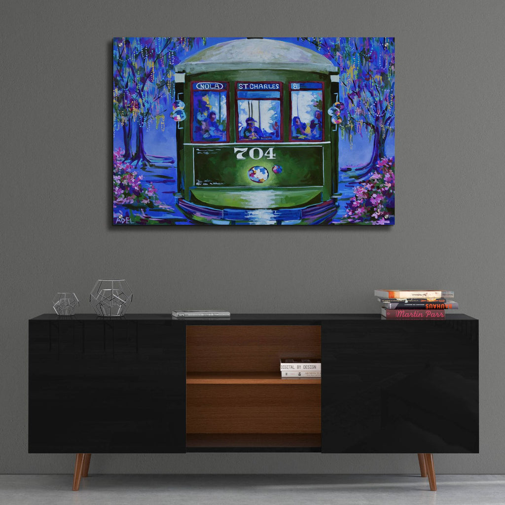 New Orleans Mardi Gras Trolley by ADEL - 36x24 acrylic wall art in a room