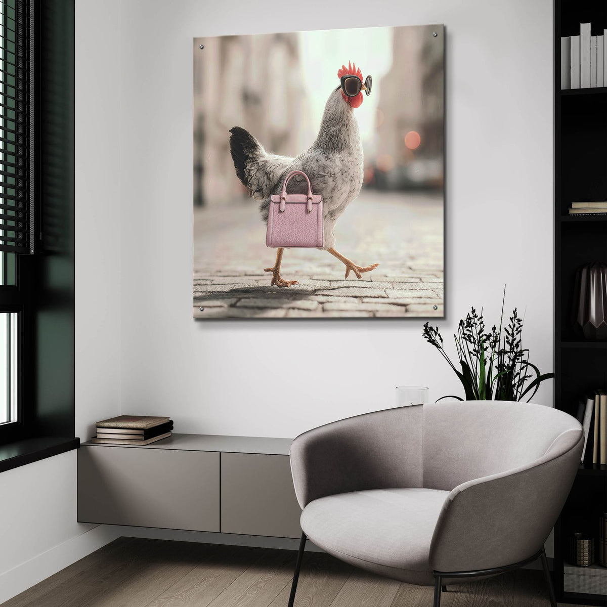 Fashionable Chicken 4 by Ann Klee - 36x36 acrylic wall art in a room