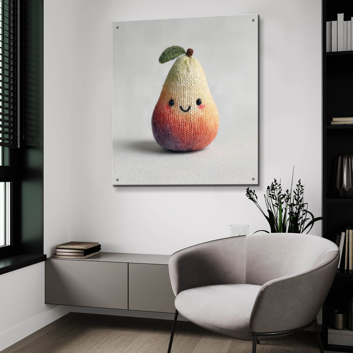 Knitted Emotional Support Pear by Ann Klee - 36x36 acrylic wall art in a room