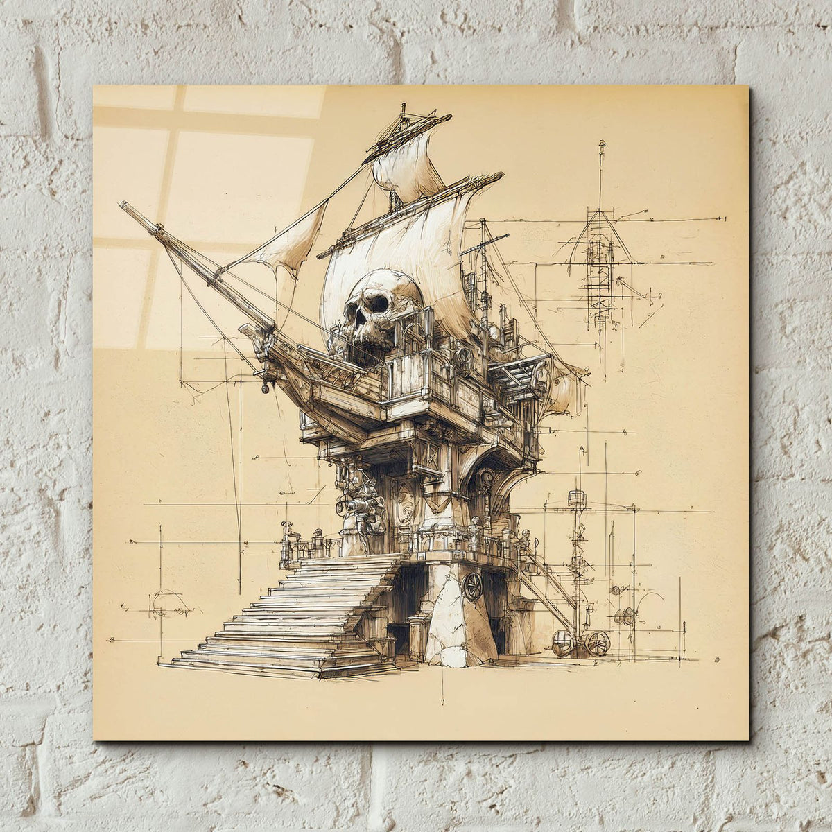 Pirate Ship Blueprint by Ann Klee - 12x12 acrylic wall art in a room