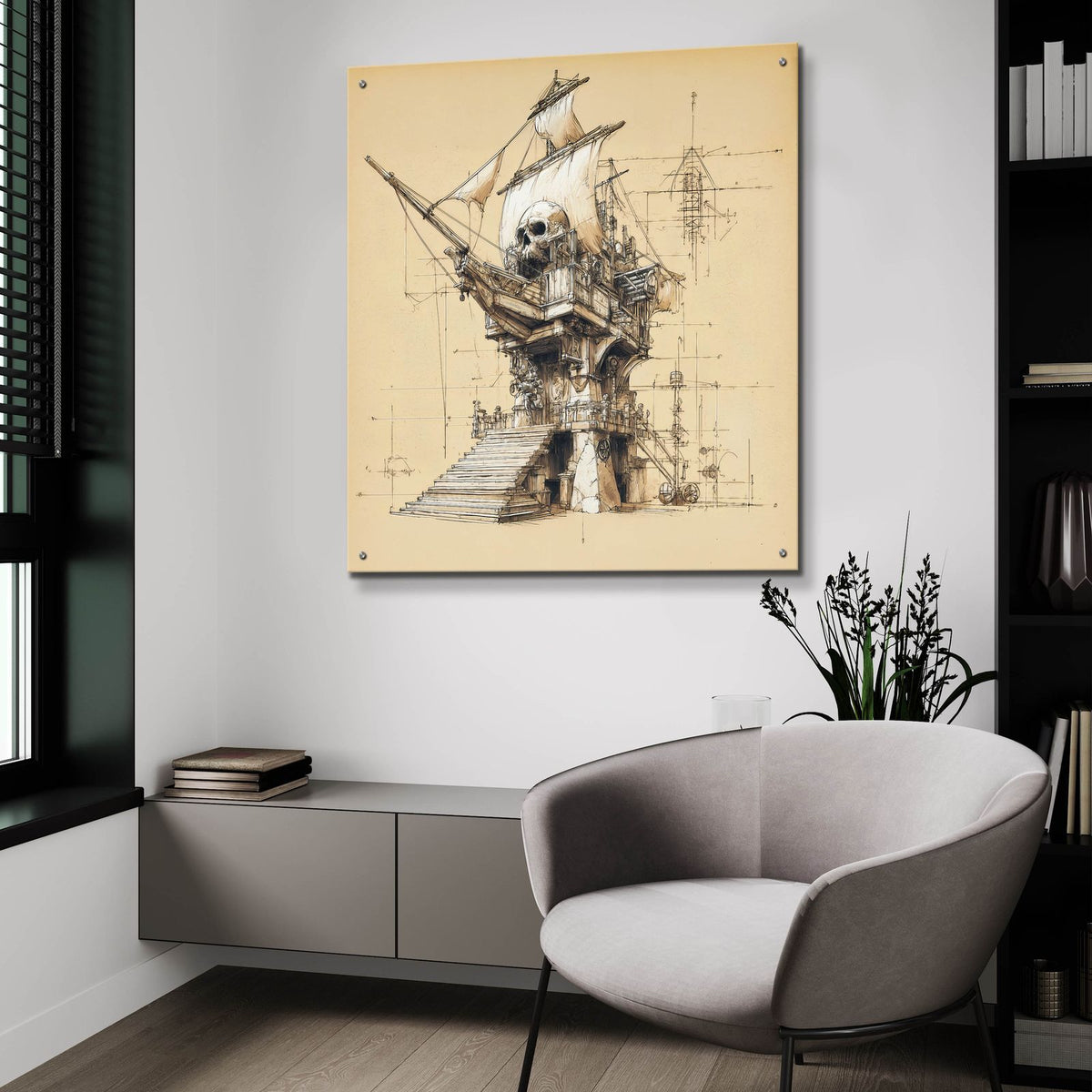 Pirate Ship Blueprint by Ann Klee - 36x36 acrylic wall art in a room