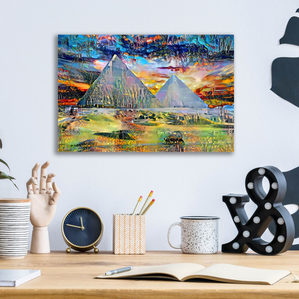 Egypt Giza Pyramids At Night by Pedro Gavidia - 16x12 acrylic wall art in a room
