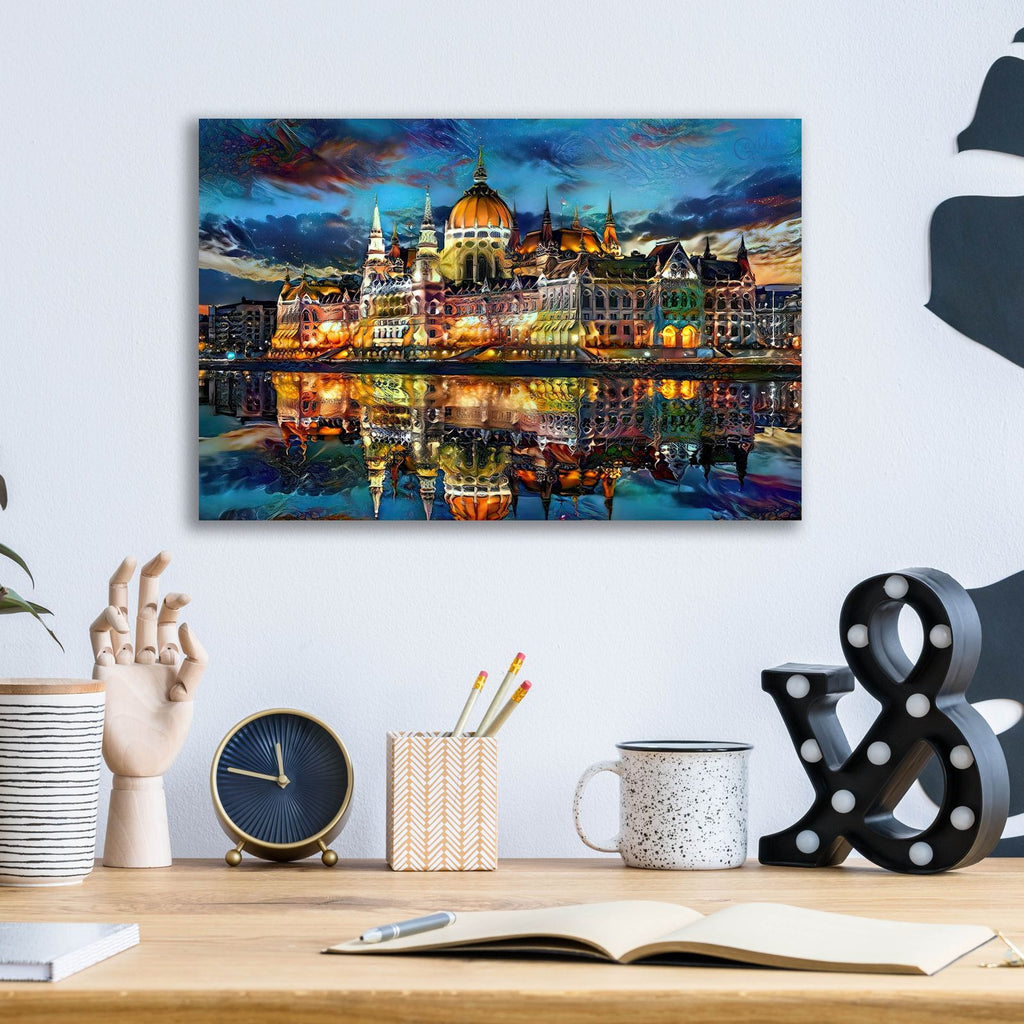 Hungary Budapest Hungarian Parliament Building At Sunset by Pedro Gavidia - 16x12 acrylic wall art in a room