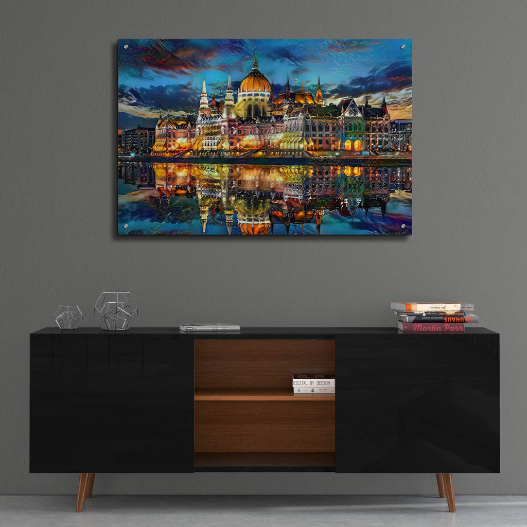 Hungary Budapest Hungarian Parliament Building At Sunset by Pedro Gavidia - 36x24 acrylic wall art in a room
