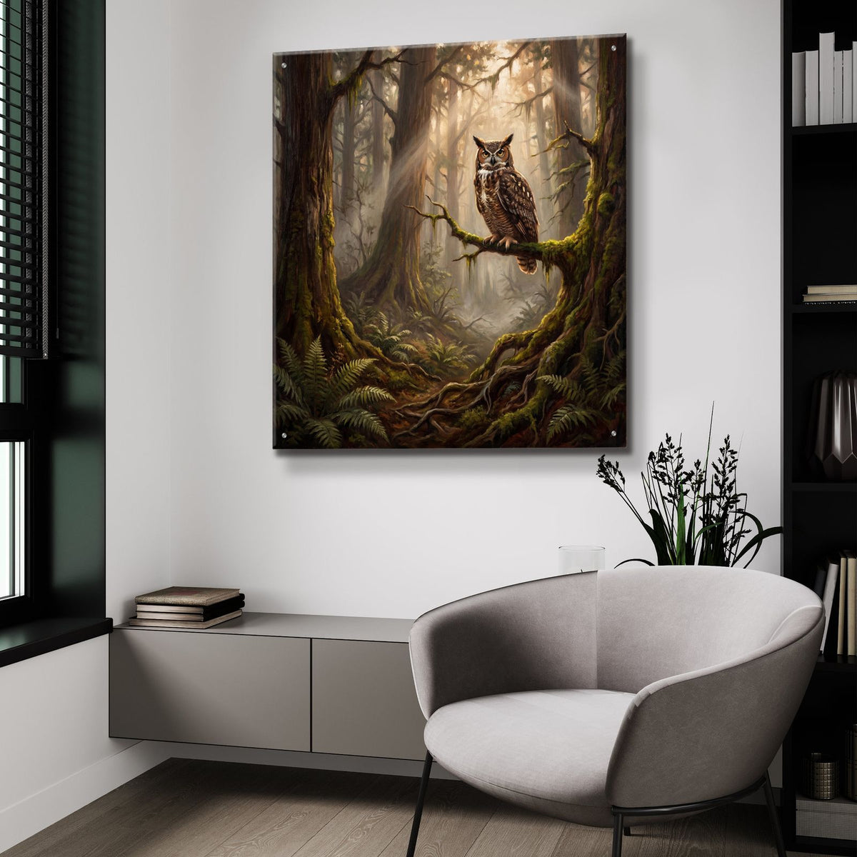 Majestic Owl in a Misty Forest by Ann Klee - 36x36 acrylic wall art in a room