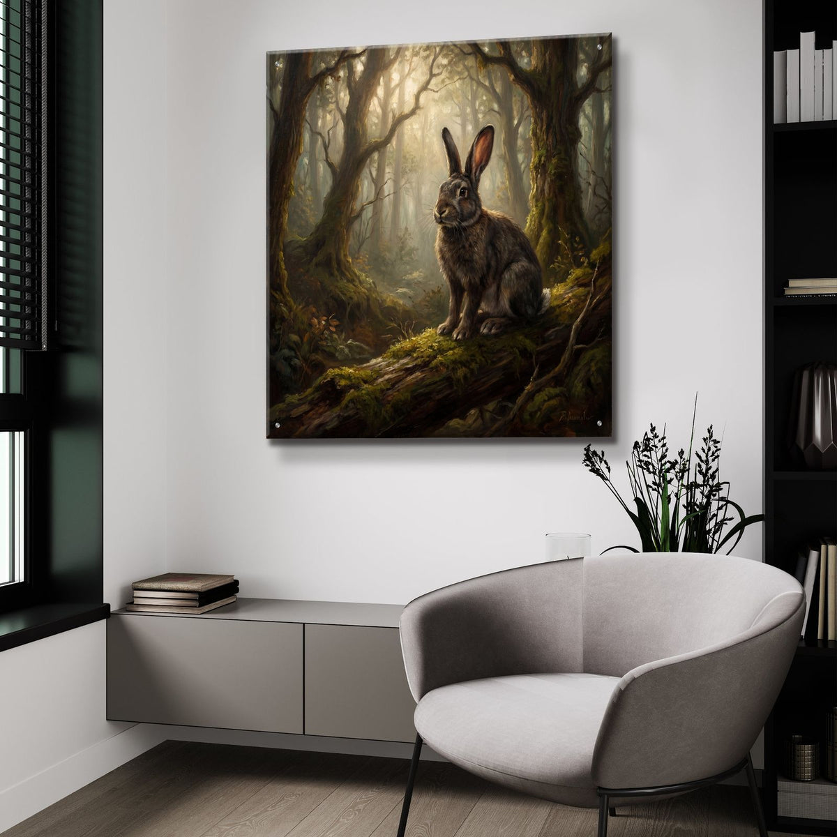Majestic Rabbit in a Misty Forest by Ann Klee - 36x36 acrylic wall art in a room