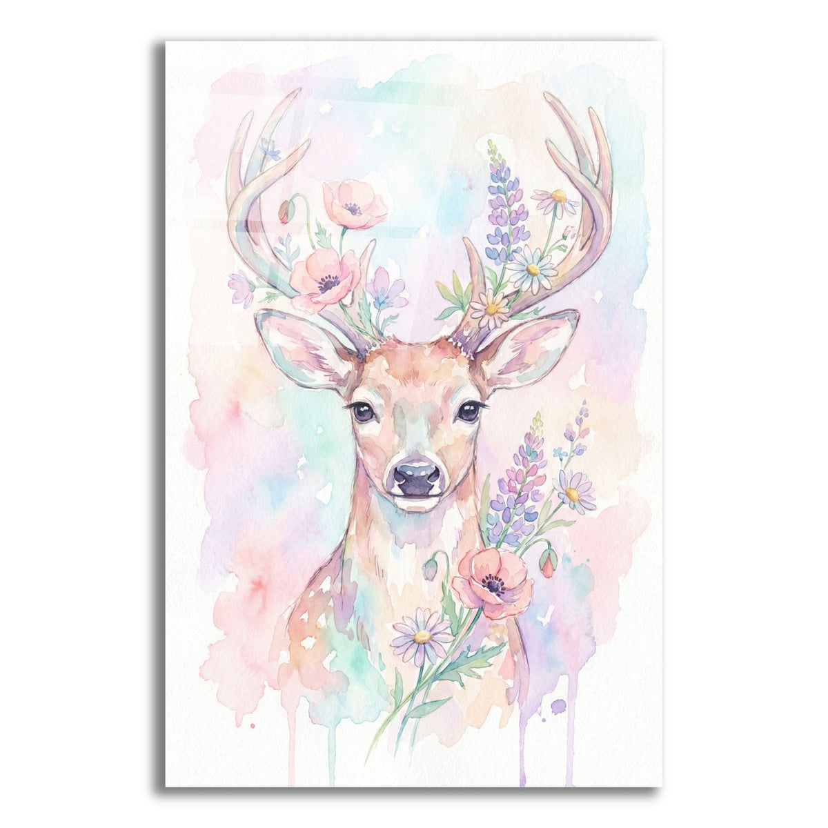 Soft Pastel Watercolor Deer with Wildflowers by Ann Klee acrylic glass wall art