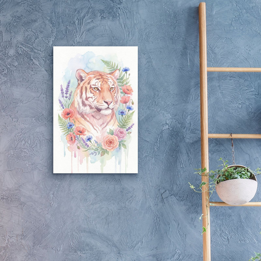 Soft Pastel Watercolor Tiger with Wildflowers by Ann Klee - 16x24 acrylic wall art in a room