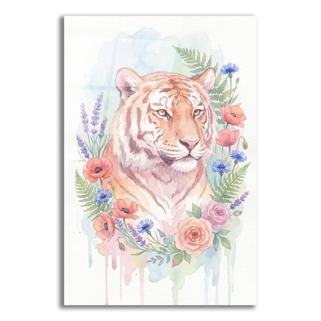 Soft Pastel Watercolor Tiger with Wildflowers by Ann Klee acrylic glass wall art