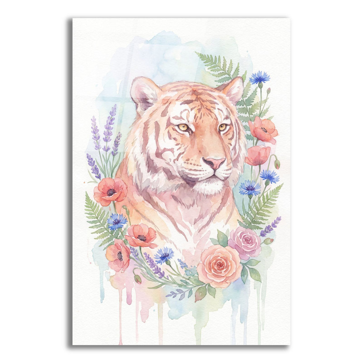 Soft Pastel Watercolor Tiger with Wildflowers by Ann Klee acrylic glass wall art
