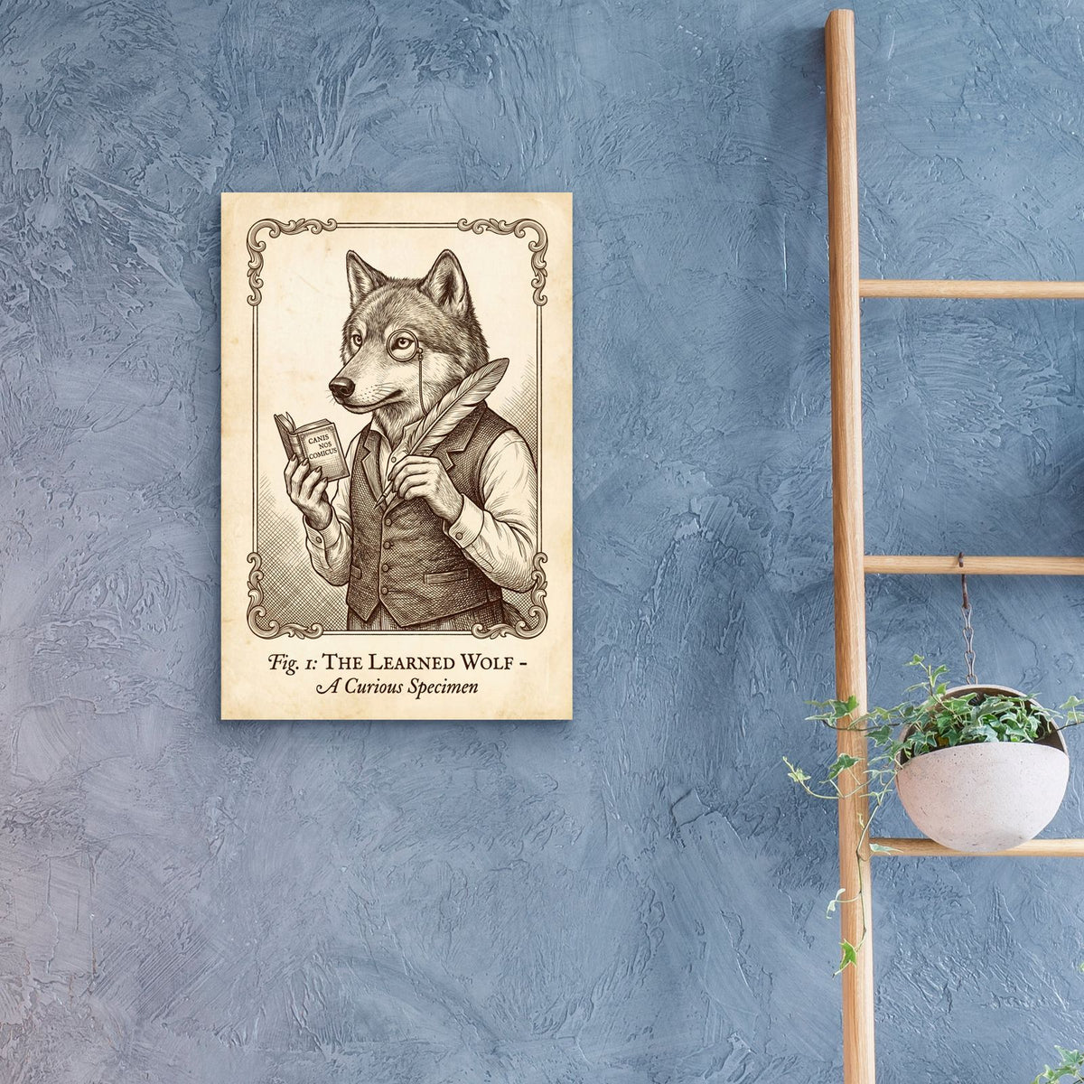 Funny Wolf Antique Scientific Engraving by Ann Klee - 16x24 acrylic wall art in a room