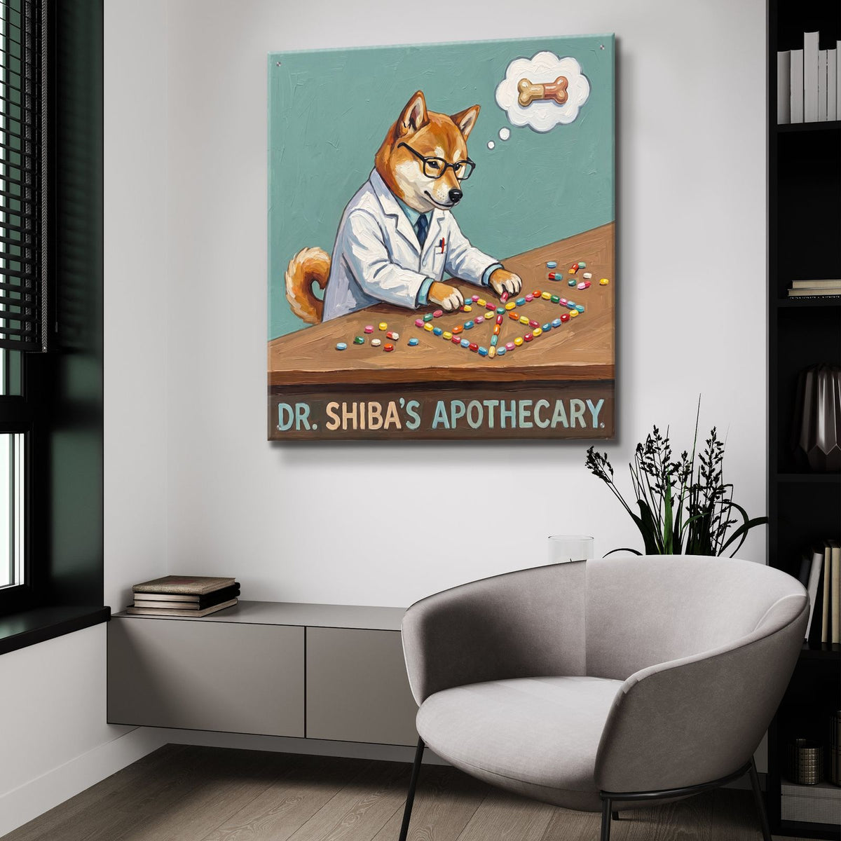 Dr. Shiba's Apothecary by Ann Klee - 36x36 acrylic wall art in a room