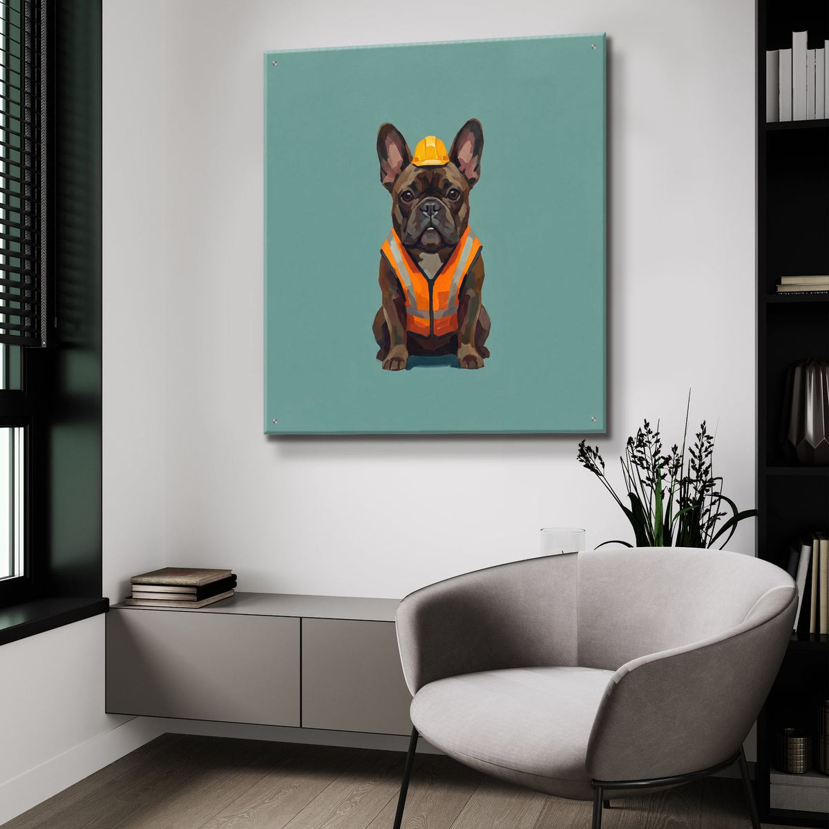 French Bulldog Construction Worker by Ann Klee - 36x36 acrylic wall art in a room