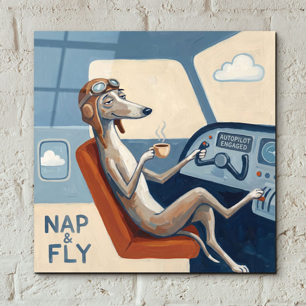 Greyhound Dog Travel Co. Autopilot Engaged by Ann Klee - 12x12 acrylic wall art in a room
