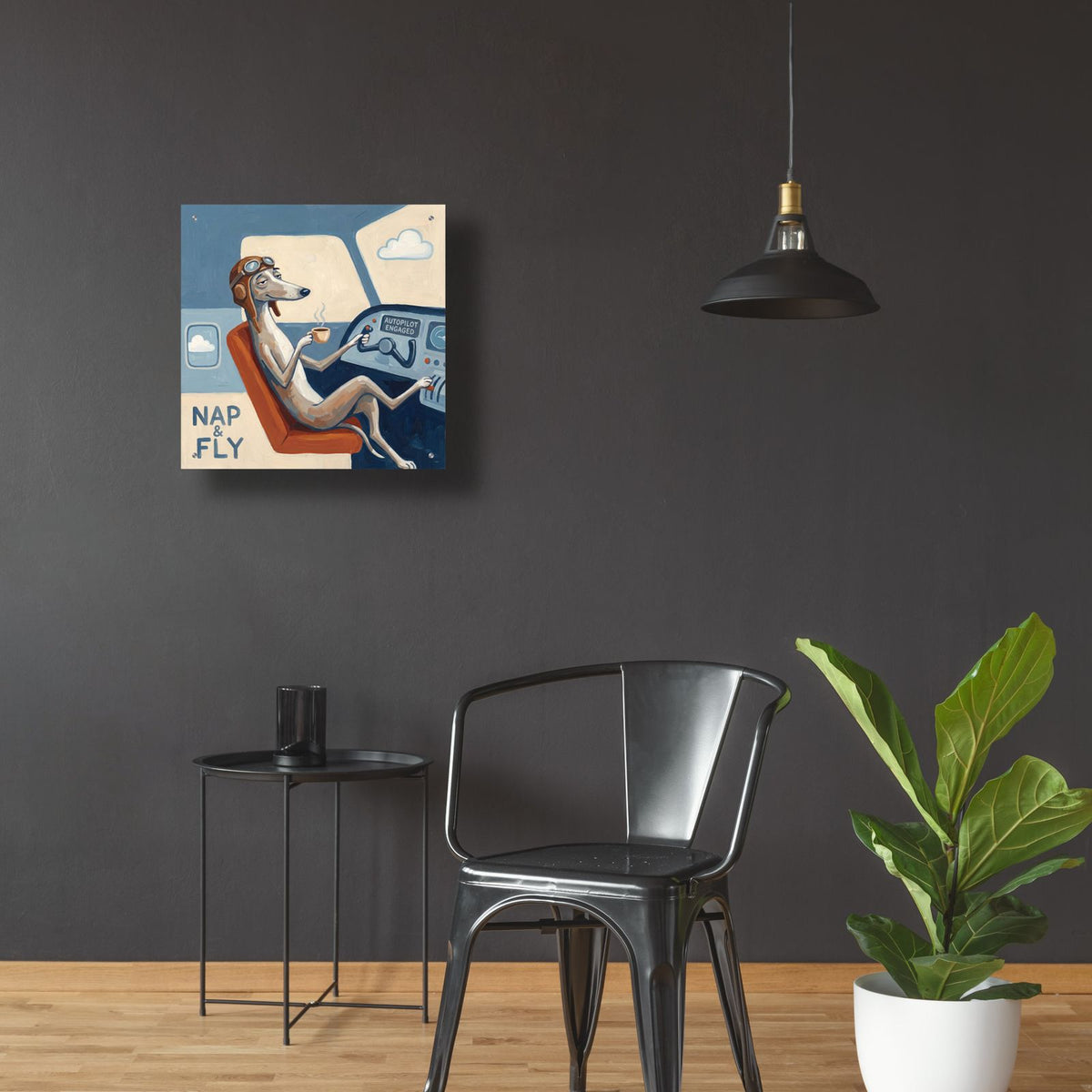 Greyhound Dog Travel Co. Autopilot Engaged by Ann Klee - 24x24 acrylic wall art in a room