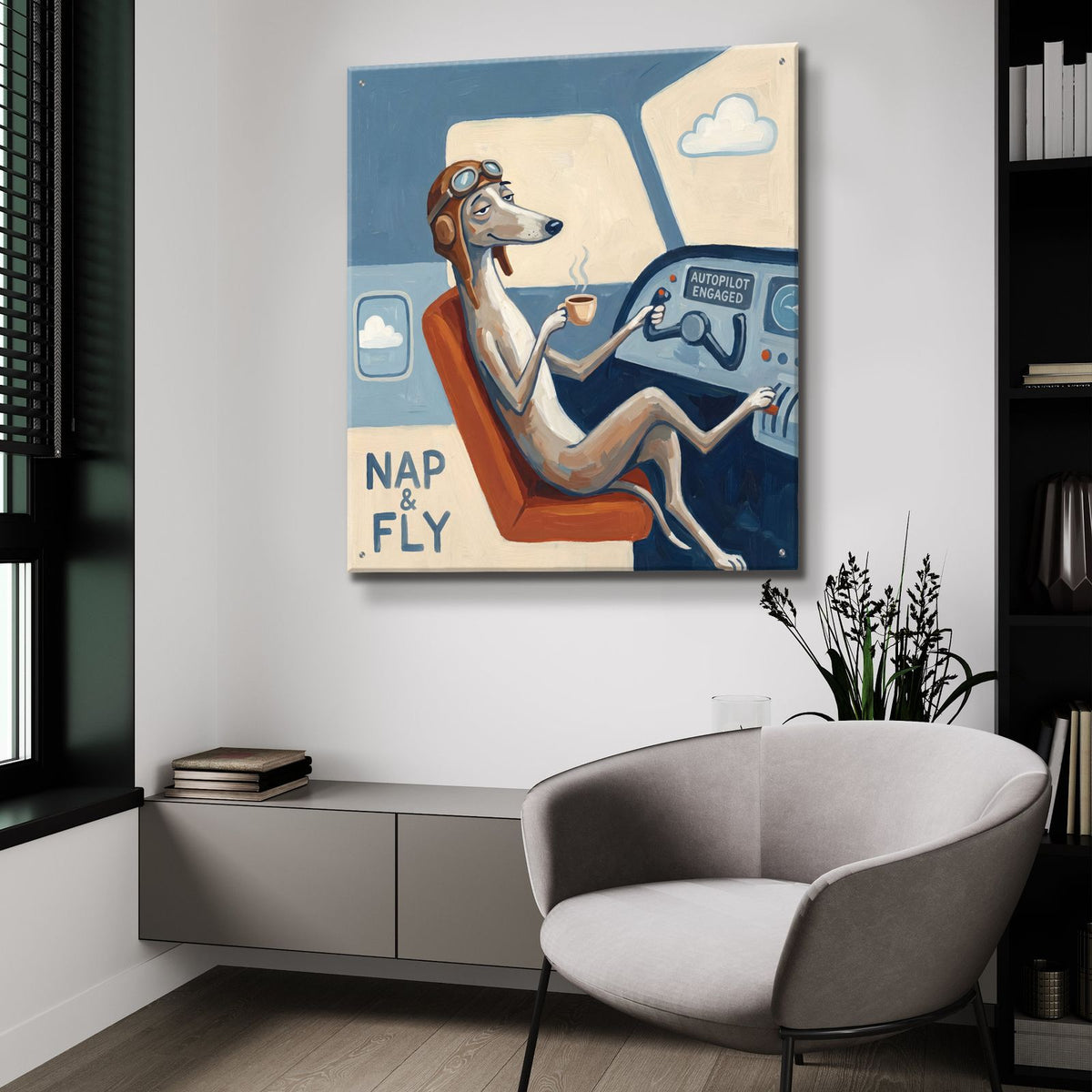 Greyhound Dog Travel Co. Autopilot Engaged by Ann Klee - 36x36 acrylic wall art in a room