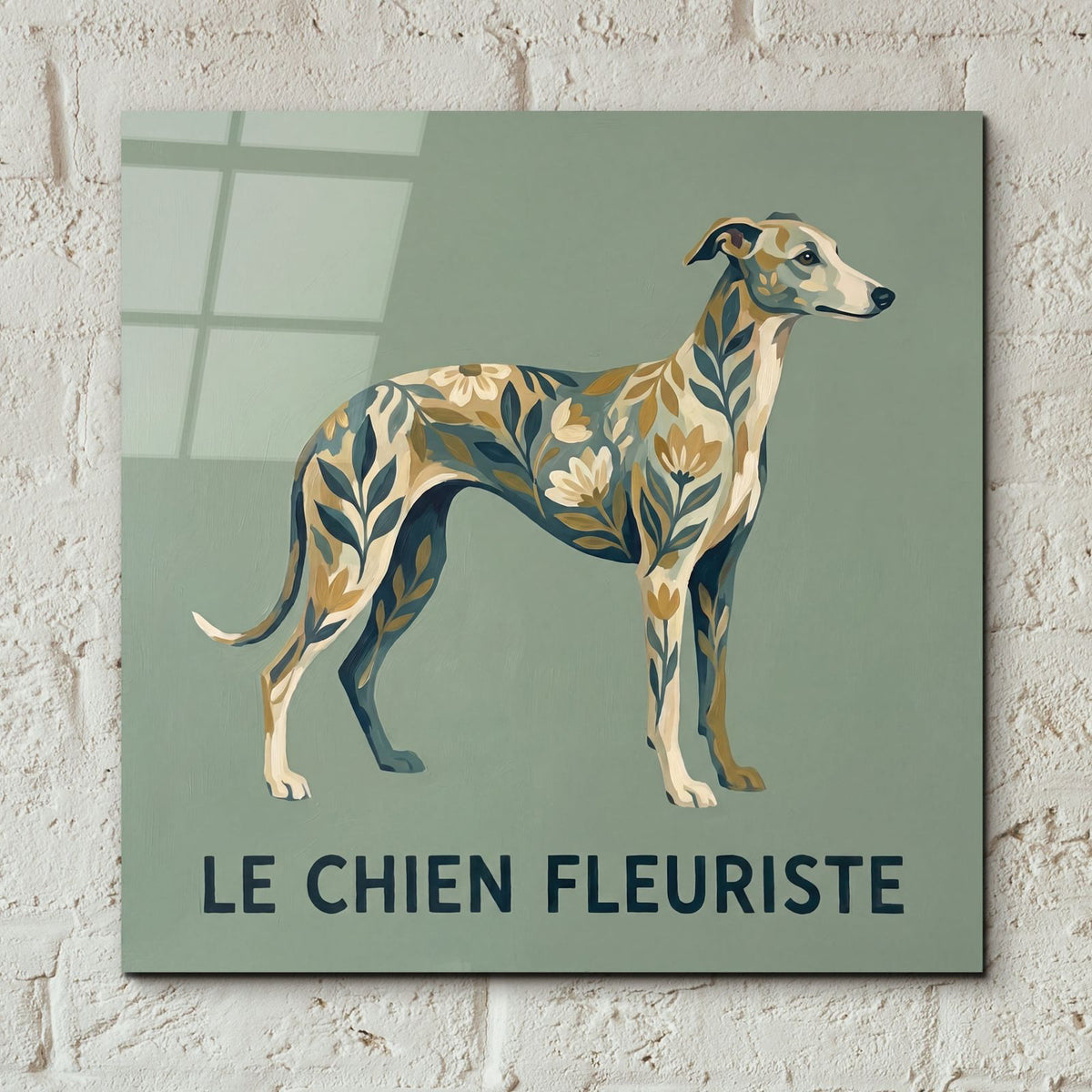 Greyhound Florist Le Chien Fleuriste by Ann Klee - 12x12 acrylic wall art in a room