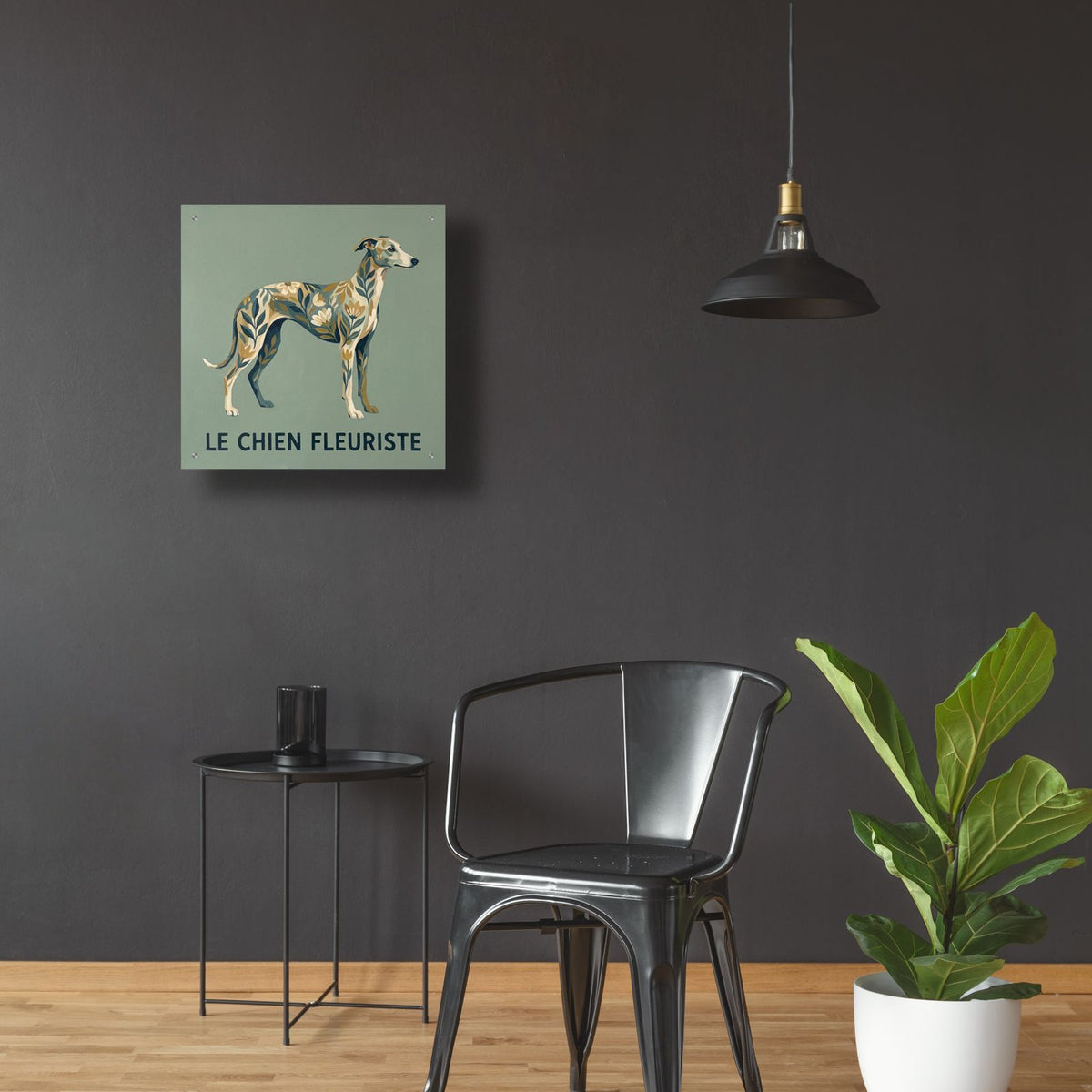 Greyhound Florist Le Chien Fleuriste by Ann Klee - 24x24 acrylic wall art in a room
