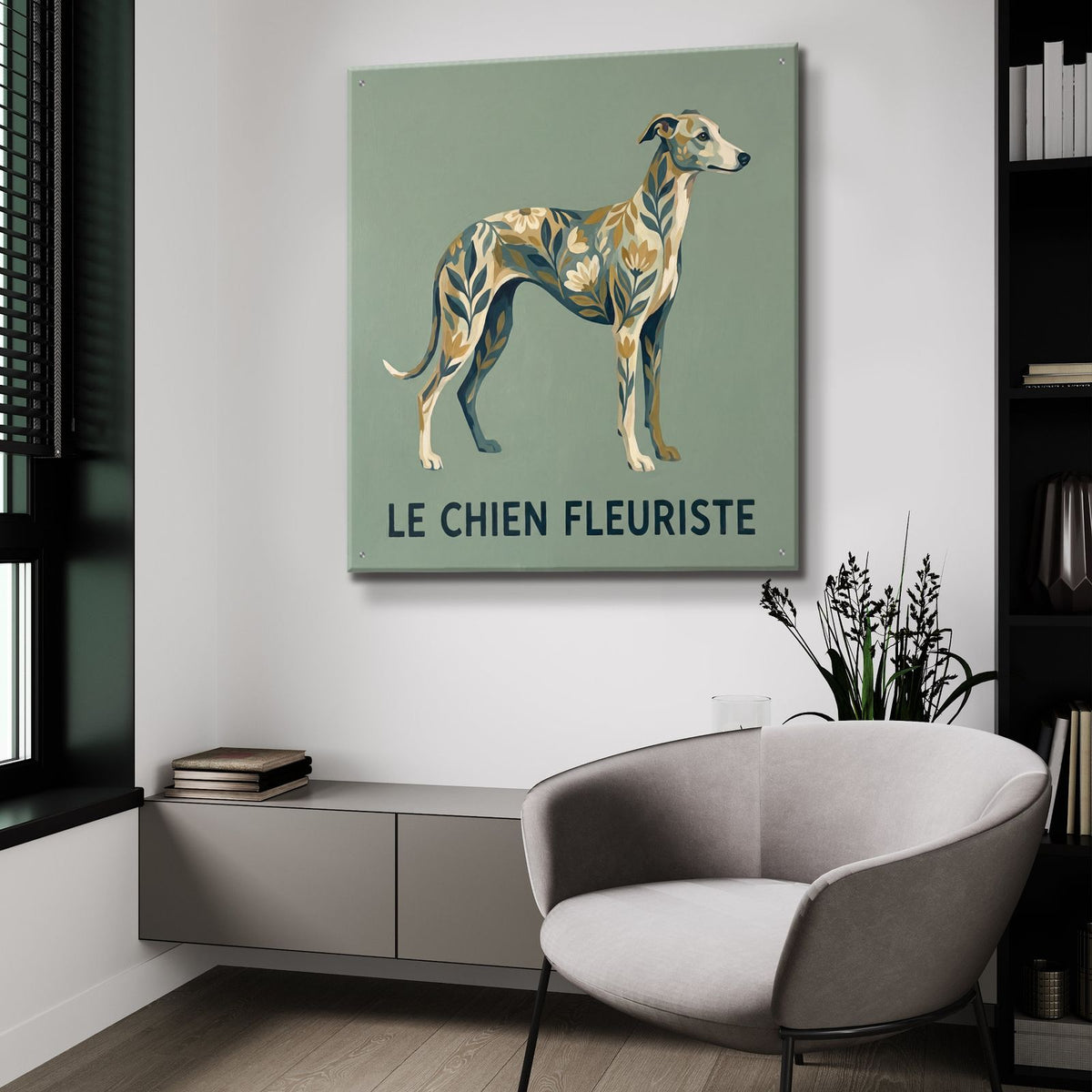 Greyhound Florist Le Chien Fleuriste by Ann Klee - 36x36 acrylic wall art in a room