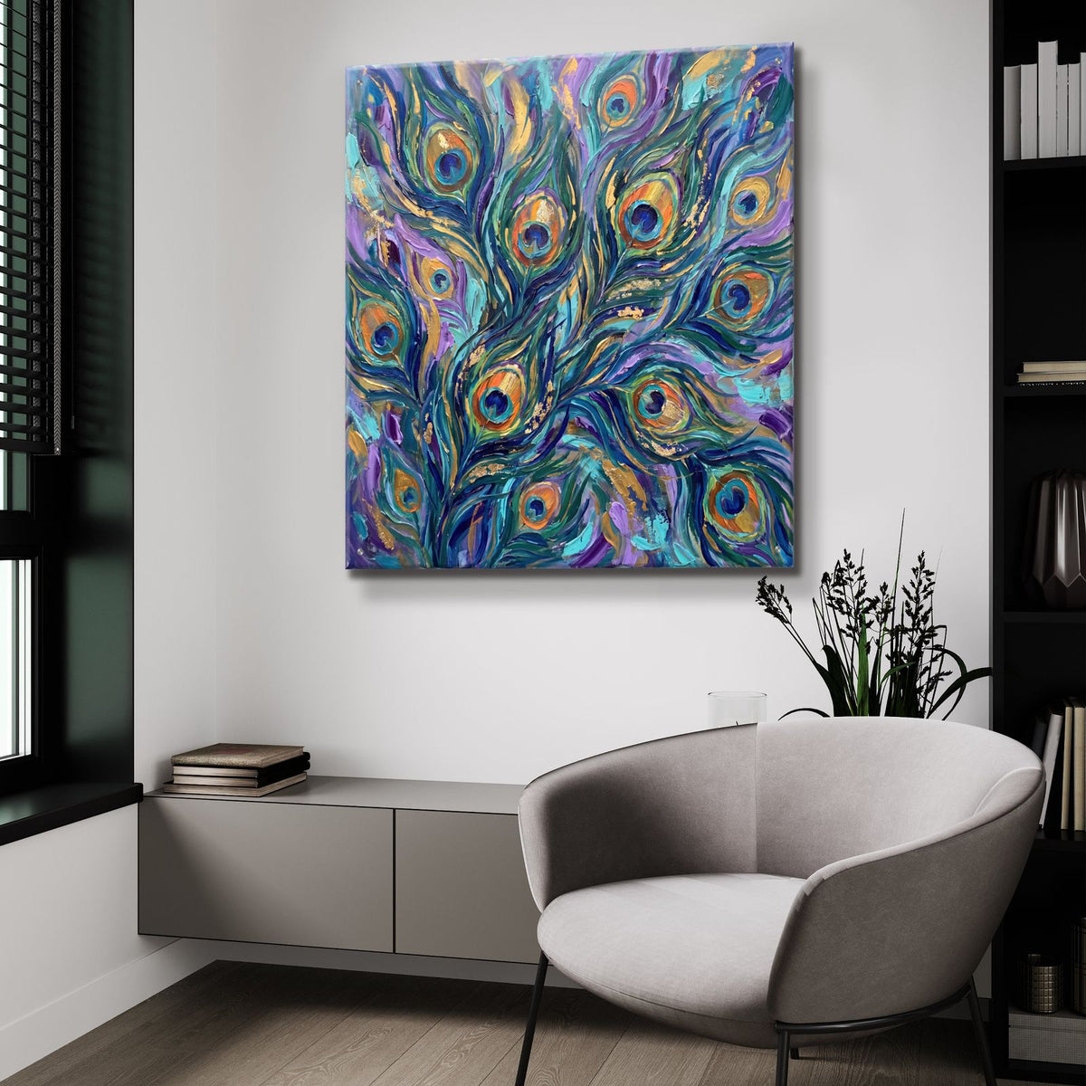 Abstract Peacock Radiance II by Veve - 36x36 acrylic wall art in a room