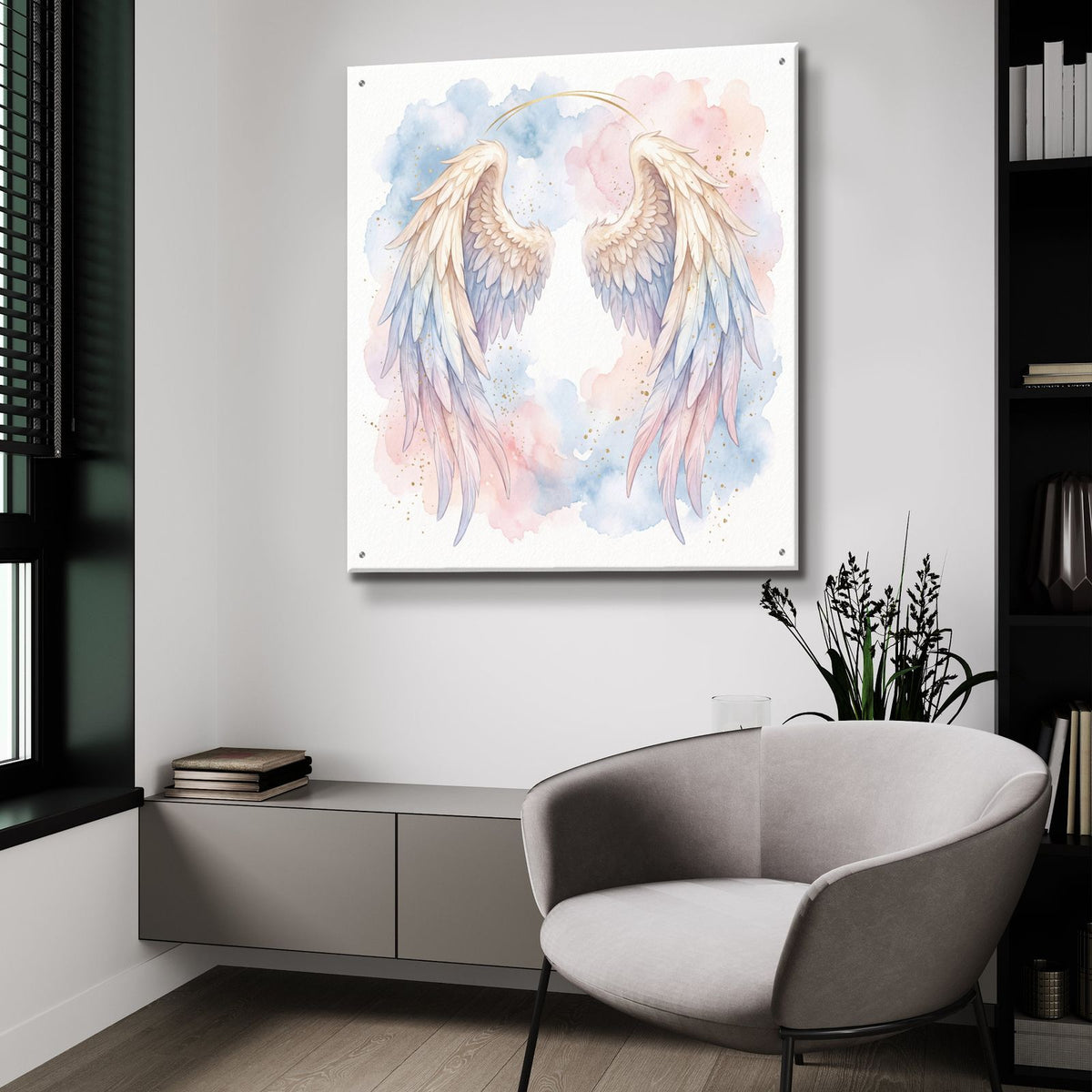 Angel Wings Watercolor by Veve - 36x36 acrylic wall art in a room