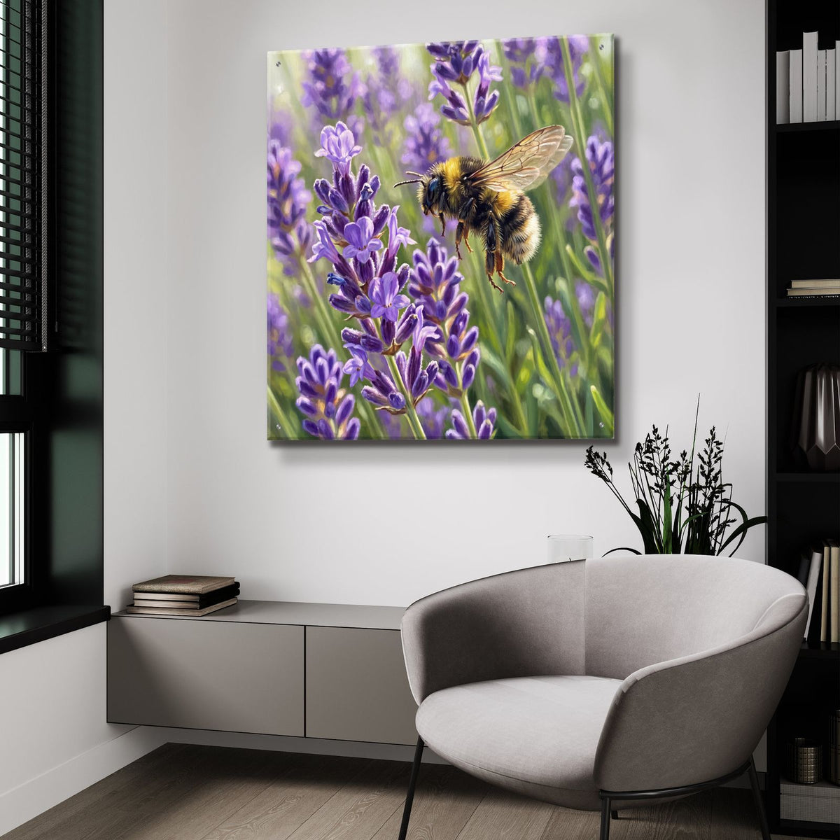 Bumblebee and Lavender by Veve - 36x36 acrylic wall art in a room