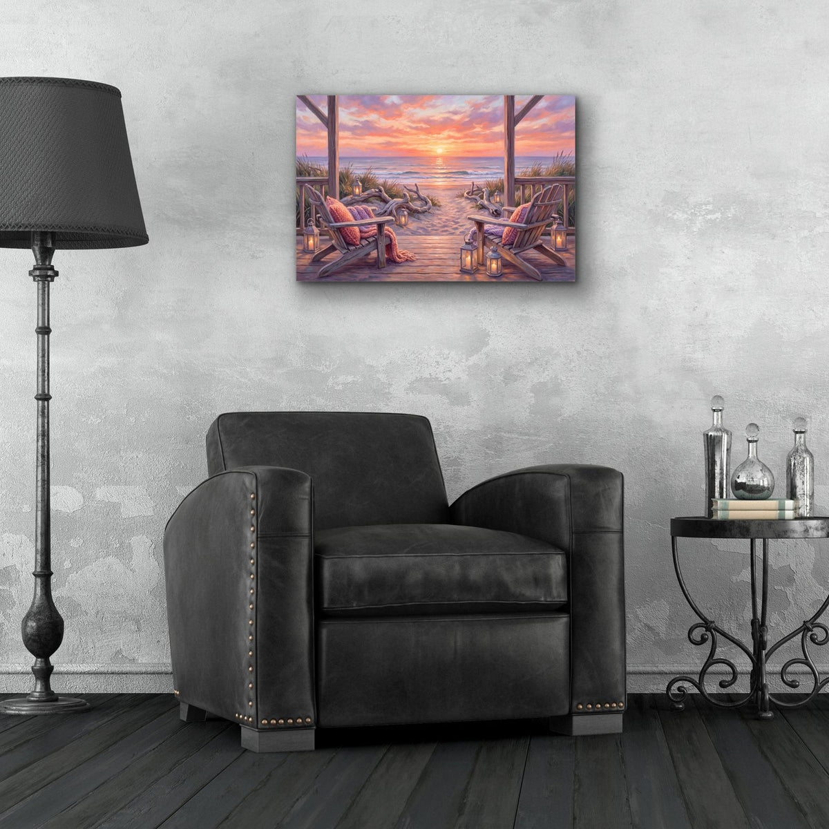 Coastal Sunset Driftwood Deck Beach Evening by Veve - 24x16 acrylic wall art in a room