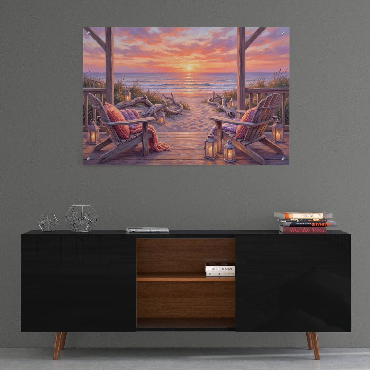 Coastal Sunset Driftwood Deck Beach Evening by Veve - 36x24 acrylic wall art in a room