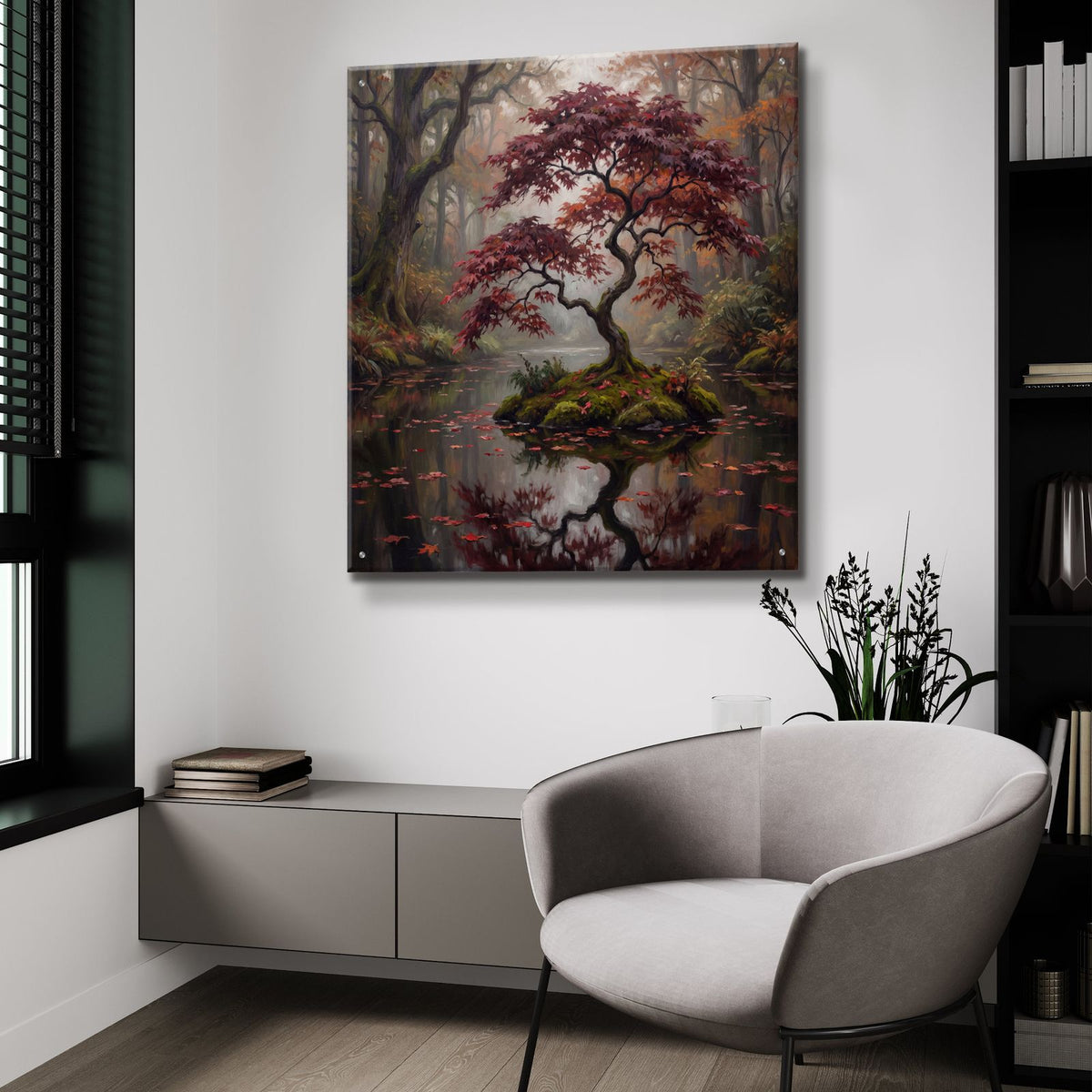 Crimson Maple Reflection by Veve - 36x36 acrylic wall art in a room