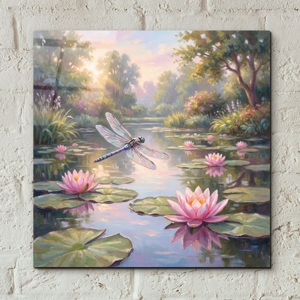 Dragonfly in Lily Pond by Veve - 12x12 acrylic wall art in a room