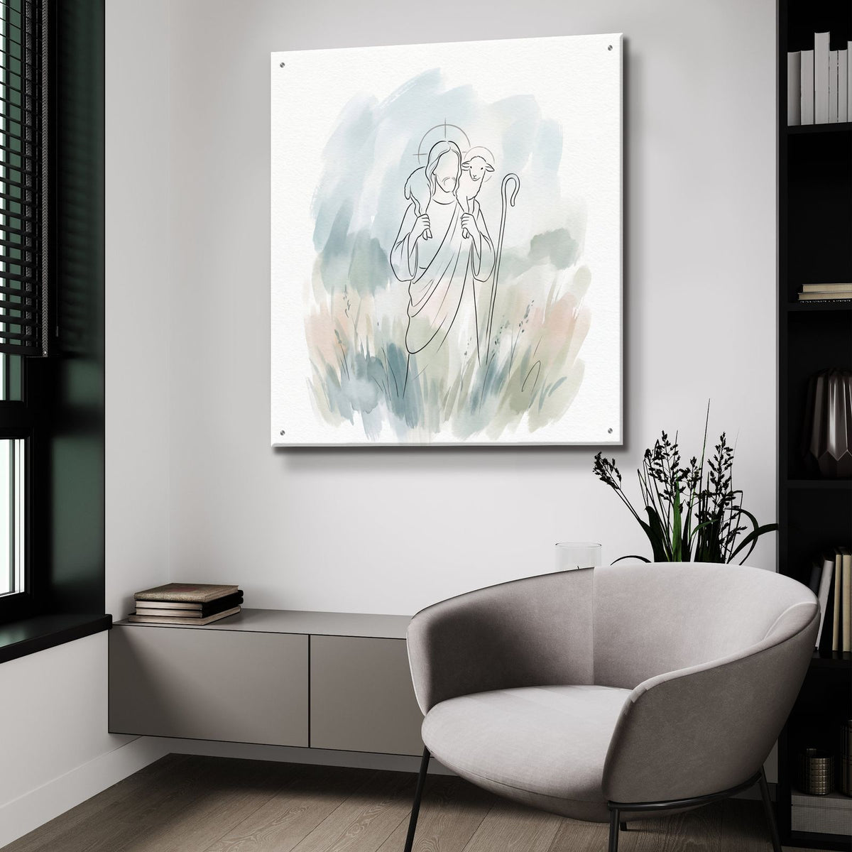 Jesus Good Shepherd Minimalist by Veve - 36x36 acrylic wall art in a room