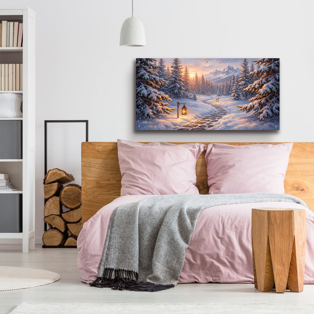 Lantern Path Through Snowy Forest by Veve - 48x24 acrylic wall art in a room