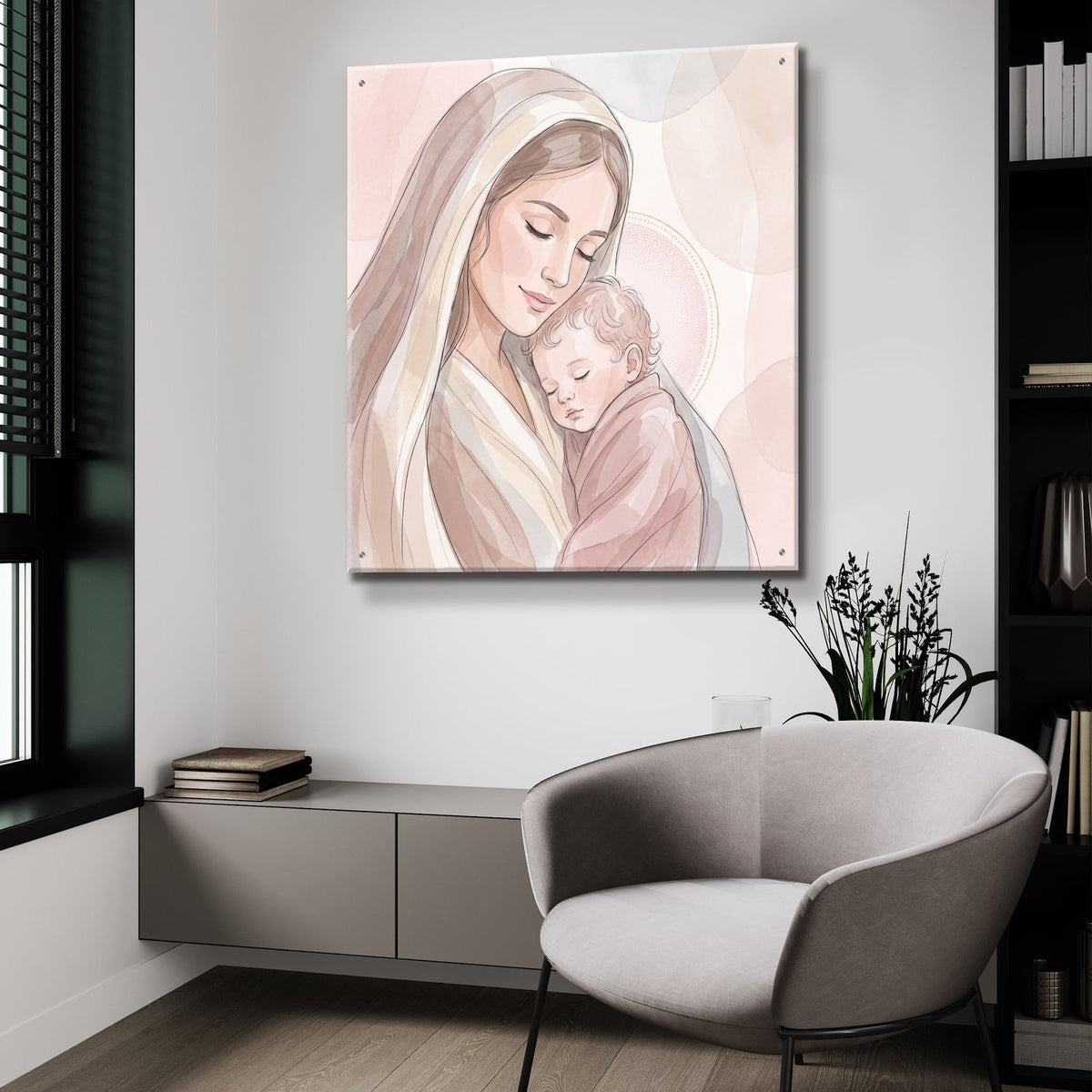 Mary with Child Minimalist by Veve - 36x36 acrylic wall art in a room