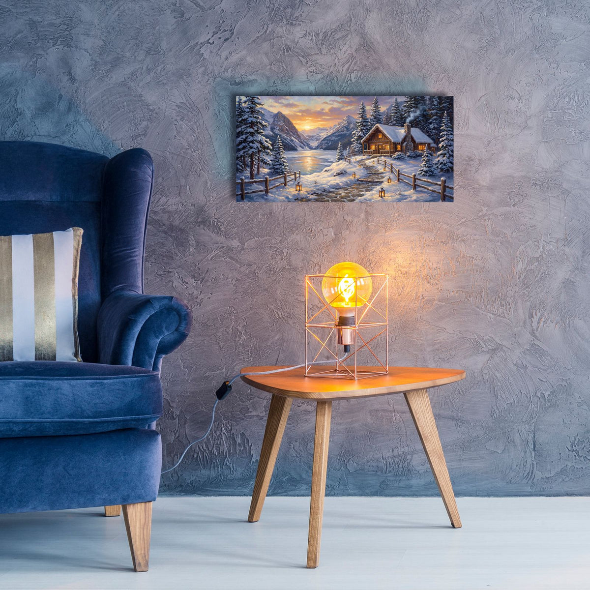 Snowy Cabin Above Frozen Mountain Lake by Veve - 24x12 acrylic wall art in a room