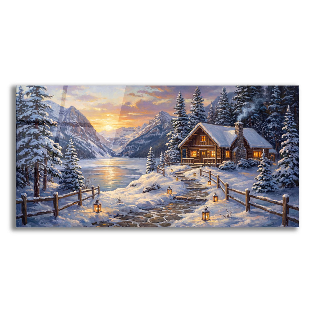Snowy Cabin Above Frozen Mountain Lake by Veve acrylic glass wall art