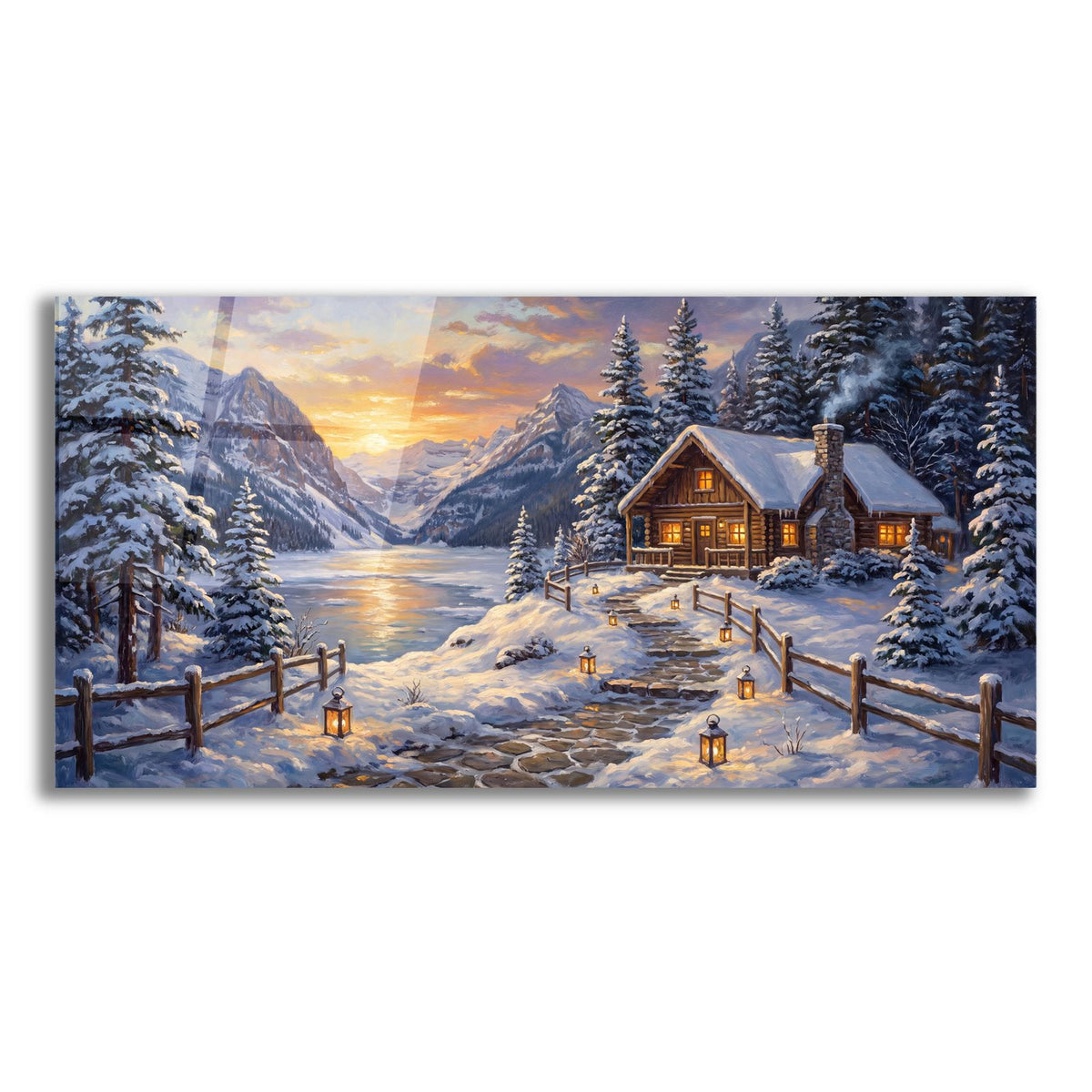 Snowy Cabin Above Frozen Mountain Lake by Veve acrylic glass wall art