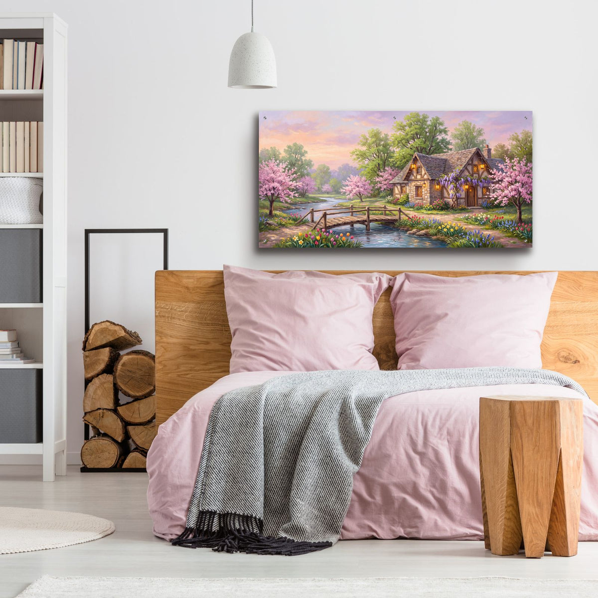 Spring Riverside Cottage Cherry Blossom and Wisteria Painting by Veve - 48x24 acrylic wall art in a room